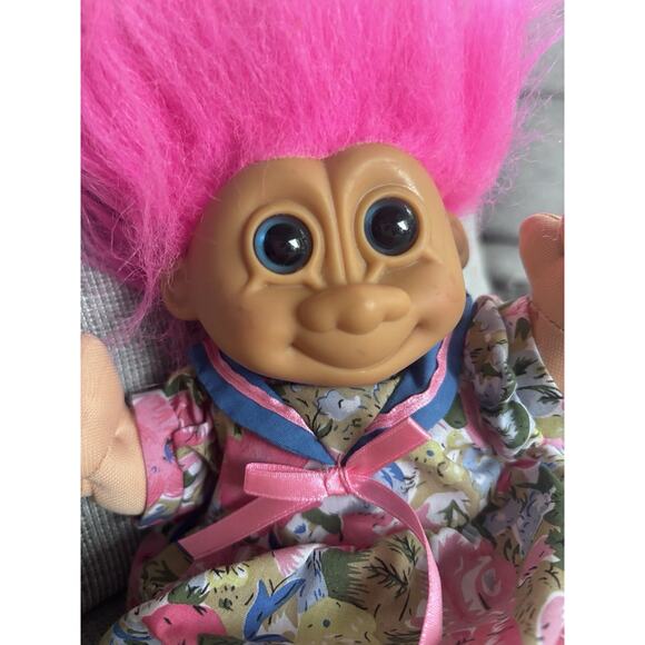 Vintage Russ Berrie 11" Troll Plush Soft Body Girl Doll Floral Dress Pink Hair - Picture 1 of 5
